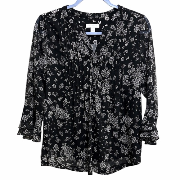 Charter Club Tops - Charter Club Black White Floral Sheer Blouse Petite Small